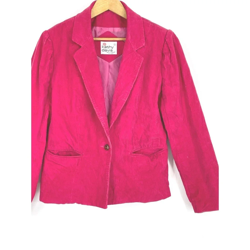 Kathy Davis Womens Blazer 8 Corduroy Pink Vintage Single Button Puff Shoulder